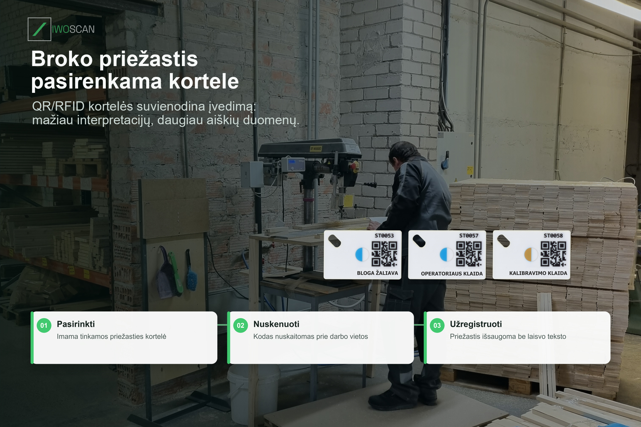 Broko priežasties pasirinkimas QR arba RFID kortele darbo vietoje