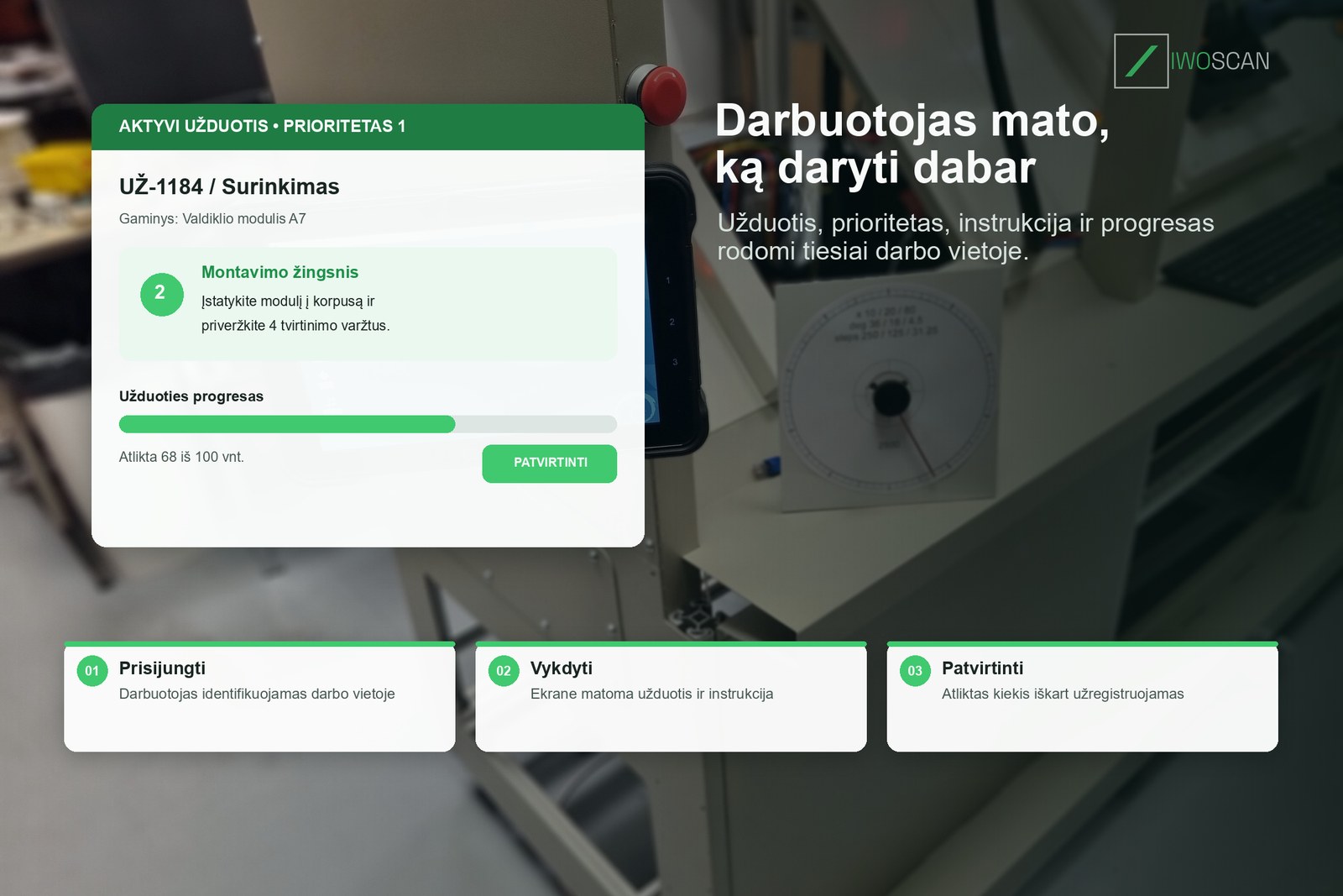 IwoScan darbuotojo užduotis, instrukcija ir progresas darbo vietoje